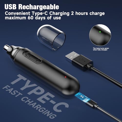 Nose Hair Trimmer for Men Rechargeable: 2024 Painless Rechargeable Nose Hair Trimmer IPX7 Waterproof, Dual Edge Blades Eyebrow & Facial Trimmer for Men for Easy Cleansing, Black
