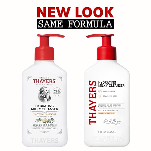 Thayers Milky Hydrating Face Cleanser with Snow Mushroom and Hyaluronic Acid, Dermatologist Recommended Gentle Facial Wash and Hydrating Skincare for Dry and Sensitive Skin, Paraben Free, 8 Fl Oz