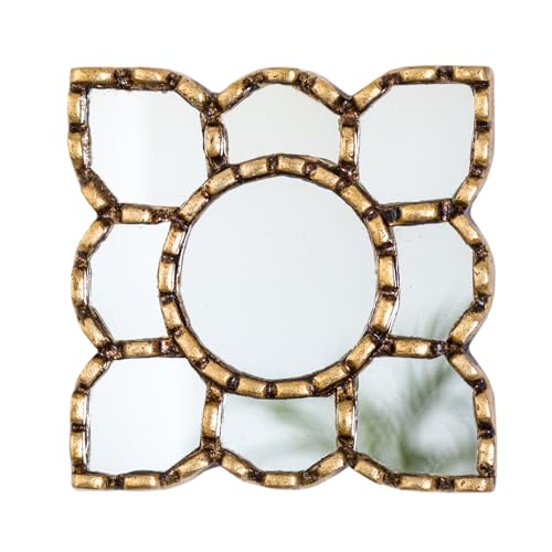 Small Gold Mirror Wall Decorative | Square Accent Mirrors for Wall Decor Bedroom Living Room | Diamond Bronze Leaf Wood Wall Mirror from Peru