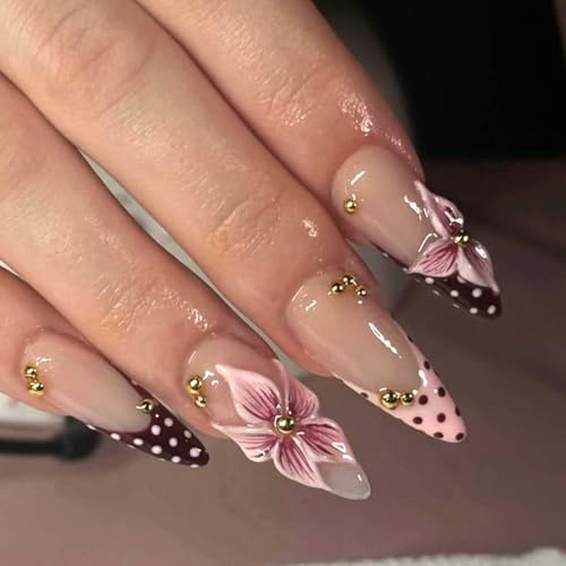 24Pc Long Stiletto Press On Nails - French Tip Floral