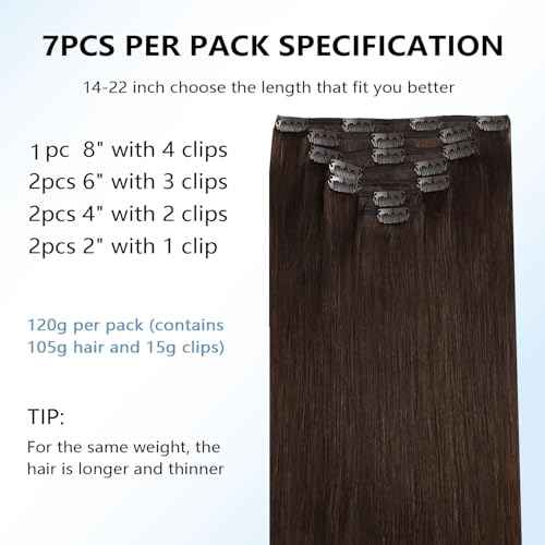 COOKAYU Clip in Hair Extensions Real Human Hair, Real Hair Extensions Clip in Human Hair Medium Brown Straight Hair 14inch 120g 7Pcs