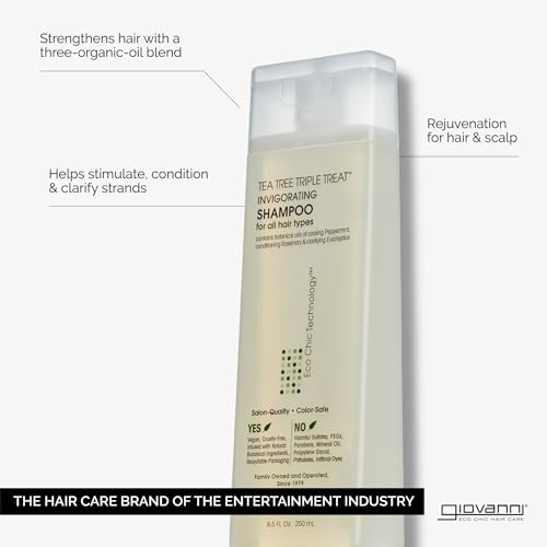 GIOVANNI Tea Tree Triple Treat Invigorating Shampoo - Cooling Peppermint, Eucalyptus & Rosemary, Helps Strengthen & Rejuvenate Hair & Scalp, Salon Quality, Paraben Free, Tea Tree Shampoo - 8.5 oz