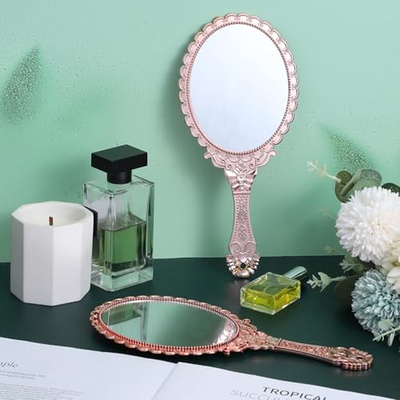 12 Pcs Vintage Handheld Mirror 9.6" L x 4.5" W Portable Pink Embossed Flower Mirrors Princess Mirror Party Favors Retro Hand Held Decorative Mirrors Bulk for Makeup, Travel, Party, Classroom