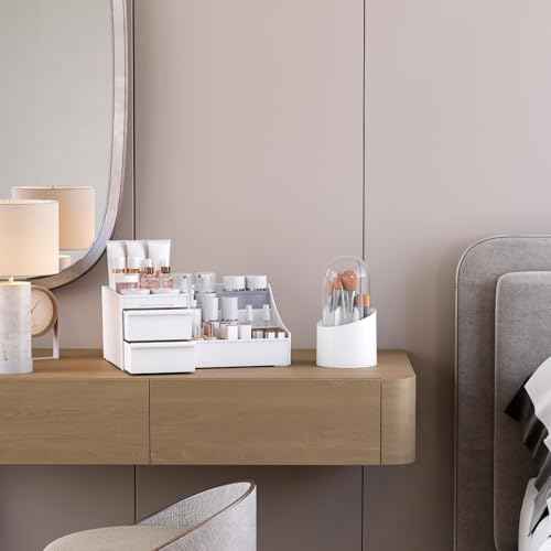 Makeup Organizer and Brush Holder Set with 3 Drawers, Space-Saving Cosmetic Storage for Vanity, Skincare, and Beauty Products - White