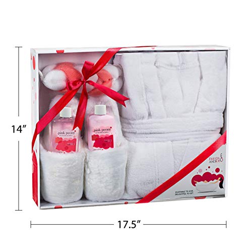 Luxury Home Spa Gift Basket with Pink Peony Scent - Indulgent Ultra Soft Bathrobe & Plush Slipper Spa Box for Women - Complete Bath & Body Set Luxury Body Care ? Mother's Day Gift for Mom