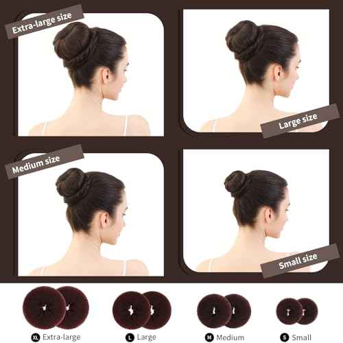 FANDAMEI Hair Bun Maker Set- 8 PCS Hair Donuts for Buns (2 Extra-large,2 Large,2 Medium and 2 Small), 40 PCS Bobby Pins, 5 PCS Hair Elastic Ties Black,Bun Maker - Brown