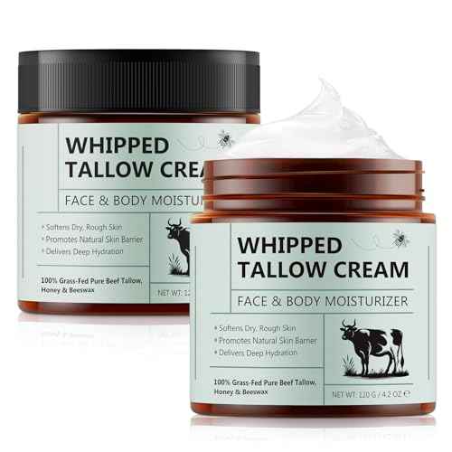 Beef Tallow for Skin, Tallow and Honey Balm 4.2oz, Moisturizer Face and Body, 100% Grass Fed Whipped Beef Honey Cream (2Pack)