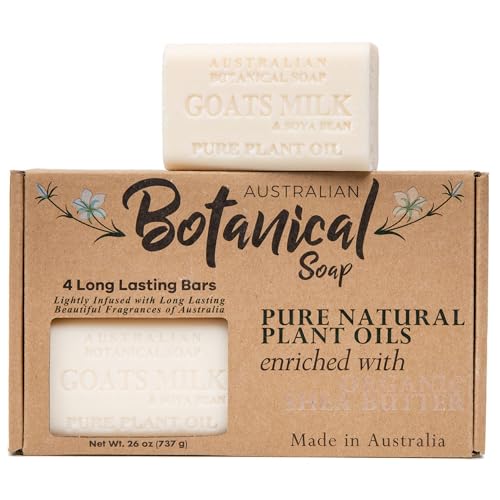 Australian Botanical Soap 6.5 oz, Pack of 4 Goat Milk Soap Bars with Soya Bean Oil, Organic Shea Butter, Natural Soap Base for All Skin Types