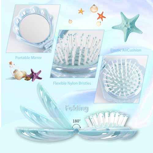 Metallic Shinning Finish Foldable Travel Hair Brushes with Mirror Shell Shape Portable Folding Pocket Hairbrush Mini Hair Comb Purse Compact Size Hair Massager (Blue)