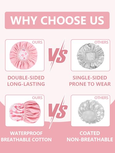 Pink Reusable Waterproof Shower Cap for Women - Double Layer Hair Cover, One Size