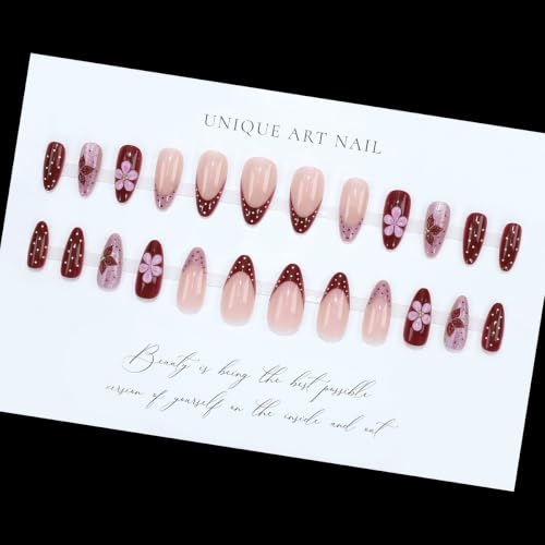 UZJXQ Medium Almond Press-On Nails 3D Flower & Polka Dot Style-15 Short