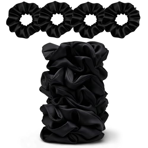 Large Black Satin Scrunchies for Women - 8PCS No Crease Hair Ties