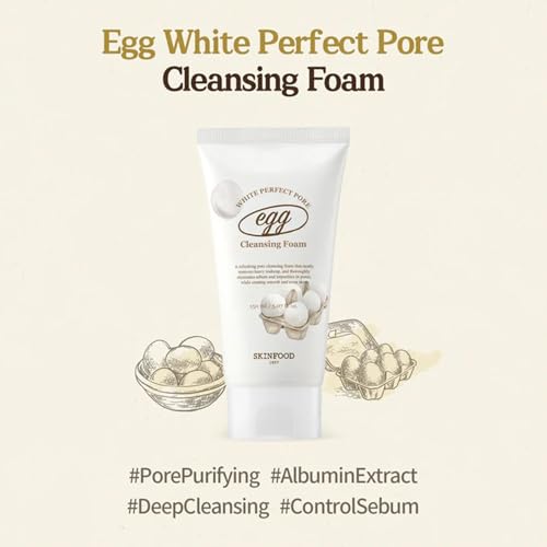 SKINFOOD Egg Pore Cleansing Foam 150ml - Light & Smooth Feeling Egg White Enriched Bubble Facial Foam Cleanser - Pores Clogging & Blackheads Reducer - For Oily and Combination Skin (5.07 fl.oz.)