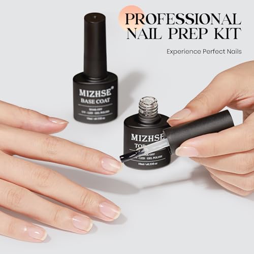 MIZHSE 2 Pcs Gel Base and No Wipe Top Coat Set for Long-Lasting Shine