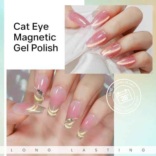 MIZHSE Cat Eye Gel Nail Polish, Magnetic Gel Polish Set with Magnet, Shimmery Cateye Effect Neon Pink Green Purple Colors Soak Off Nail Art Manicure Home Gift for Ladies