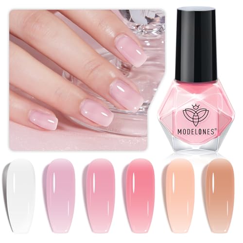 modelones Jelly Nail Polish Set 6 Colors Sheer Nude Pink Milky White Neutral Nude Nail polish Kit Neutral Pink Quick Dry Transparent Manicure DIY Nail Art Salon Home Gift for Women Girl