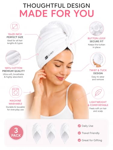 Cotton Hair Towel Wrap 3-Pack, Quick Dry Hair Turban for Women