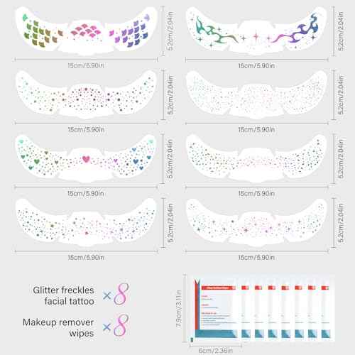 Holographic Glitter Freckles Face Tattoo 8 Pcs Waterproof Temporary Face Sparkle Patches for Women, Face Glitter Makeup Freckles Mix of Mermaid Scales Hearts Speckles Stars Dots, Cool Party Supplies