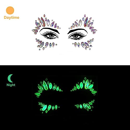 Face Gems 4 Sheet Face Jewels Stick on Rhinestones Stickers Luminous Crystal Face Stickers Gemstones Temporary Tattoo Gifts for Women Carnival Music Festival Party Rave Accessories (Luminous)