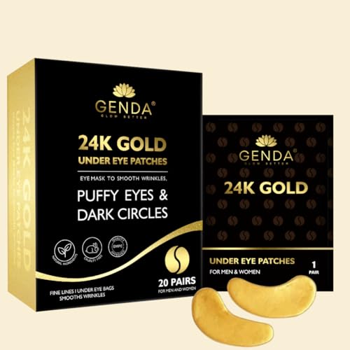 Under Eye Patches for Dark Circles and Puffy Eyes (20 Pairs) 24K Gold Gel Eye Masks Skincare, Vegan and Cruelty Free, Dry & Fine Lines, Eye Bags, Wrinkles, Hydrating, Soothing by GENDA