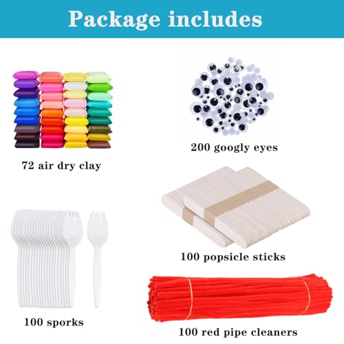 Creative Craft Set with Air Dry Clay, Sporks, Pipe Cleaners & Eyes for Kids & Adults