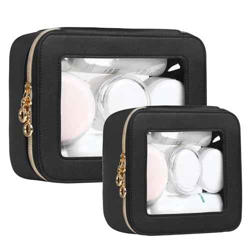 Leather Clear Makeup Bags Set - Travel Clear Cosmetic Bag Case with Zipper, Transparent TSA Approved Toiletry Bags for Travel Essentials Car Accessories for Women (Black, S+M)