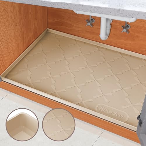 SIKADEER Under Sink Mat for Kitchen Waterproof, 28" x 22" Silicone Mat Cabinet Liner for Bathroom Under Sink Organizer with Raised Edge, Fits 30inch Standard Cabinet Under Sink Drip Tray Protector