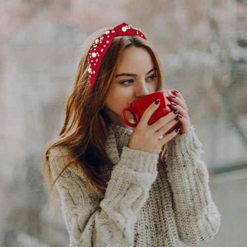 Red Headband for Women Pearl Knotted Headband Sparkly Rhinestone Pearls Top Knotted Headbands Womens Fashion Hair Accessories Cute Hair Bands