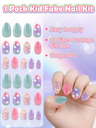Kids Press-On Nails Set with Heart & Ombre Designs, 26 Pieces for Girls 8-12