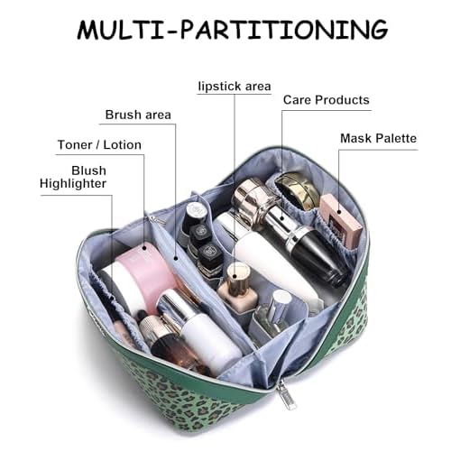 BOYATU Travel Makeup Bags for Women: 3 Pcs Set Large Capacity Leopard Print Cosmetic Organizer Case Carry Your Wild Side - Detachable Toiletry Bag for Full-sized Skincare Bottles (09-Green)