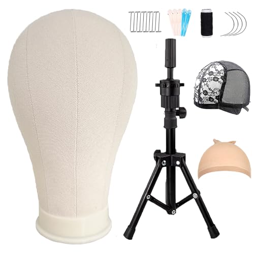 23 Inch Wig Head,Wig Stand Tripod with Head,Canvas Wig Head,Wig Head Stand with Mannequin Head for Wigs,Manikin Canvas Head Block Set for Wigs Making Display with Table Clamp, Wig Cap and T pins…