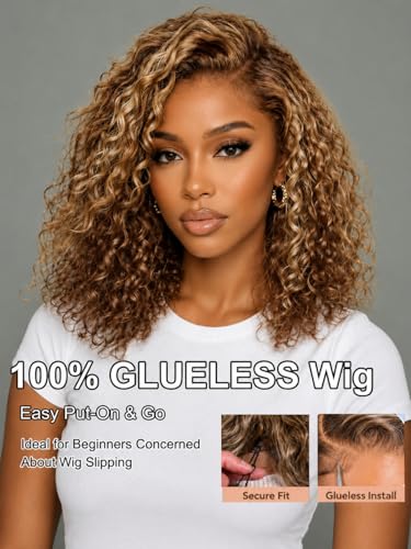 UNICE Glueless Curly Bob Wig 14" Human Hair Honey Blonde