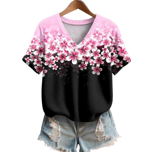 Pink V-Neck Summer Sweater for Women | Short Sleeve Knit Top