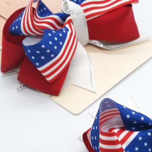 JUCCPUL 2Pcs 4th of July Hair Bows for Girls American Flag Barrette Hair Bow Patriotic Stars and Stripes Hairgrips Baby Girls Women Hair Accessories 3inch