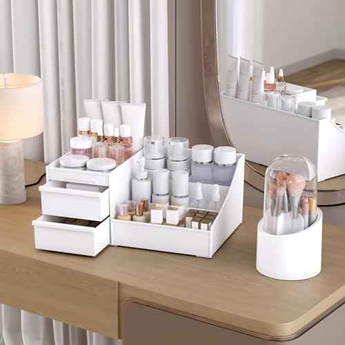 Makeup Organizer and Brush Holder Set with 3 Drawers, Space-Saving Cosmetic Storage for Vanity, Skincare, and Beauty Products - White