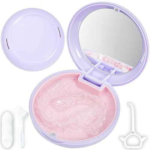 Retainer Case with Mirror,Slim Aligner Case with Vent Holes,Cute Dental Brace Box with Retainer Removal Tool and Brush (Purple Pink)
