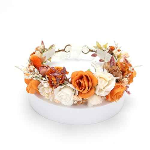 Burnt Orange Flower Crown for Girls Autumn Wedding Floral Holo Hair Headpiece Bridal Fall Wreath Young Bridemaid Crown Garland Photo Prop Headband