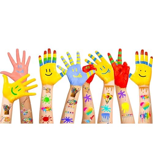 168PCS Art Tattoos Temporary Stickers Suitable for Rainbow Slime/Art Paint Themed Birthday Party Favors Supplies Decorations Goodie Bag Stuffers (24 Sheets)