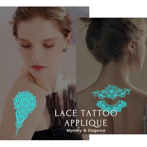 Glow-in Dark Temporary Tattoos Set- 6Sheets Luminous Flower Henna Fake Tattoo Sticker Sexy Lace Henna Waterproof Removable Tattoos for Face Body Night Tattoos Party Supplies Decoration(fluorescence)