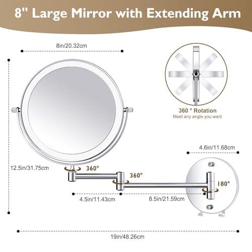 1¡¿/15¡¿ Wall Mounted LED Makeup Mirror Magnifying Makeup Mirror 3500 mAh Rechargeable, Touch Dimmable 3 Color Lights, 8¡± Double Sided 360¡Æ Rotation, Ideal for Hotel and Bathroom