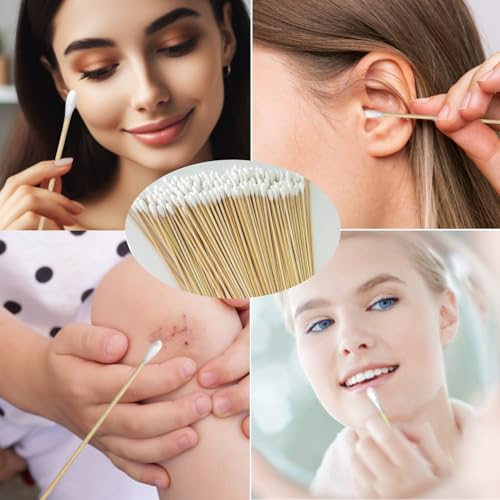 Round Cotton Swabs 600ct with Reusable Case - 6 Inch Bamboo Tips for Beauty Electronics & Cleaning