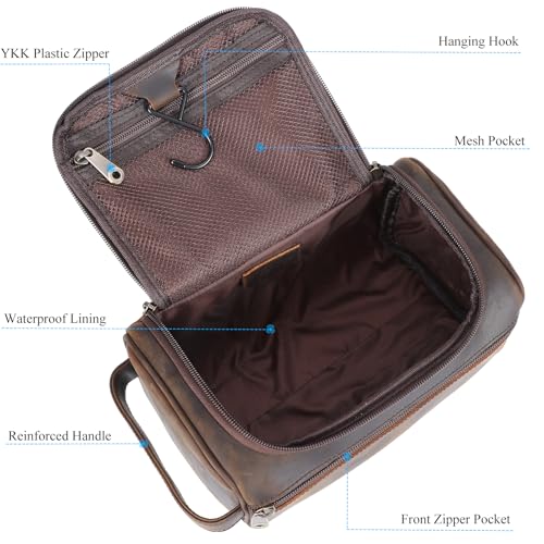 TIDING Mens Leather Hanging Toiletry Bag Travel Shaving Kit Portable Makeup Cosmetic Organizer Wash Case
