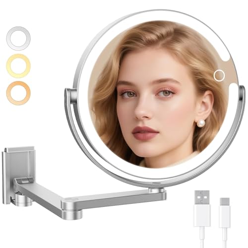 Wall Mounted Makeup Mirror with Lights, 8-inch 20X/1X Magnifying Mirror, Rechargeable LED Vanity Mirror with 3 Color Lights, 360¡Æ Swivel & Extendable Arm