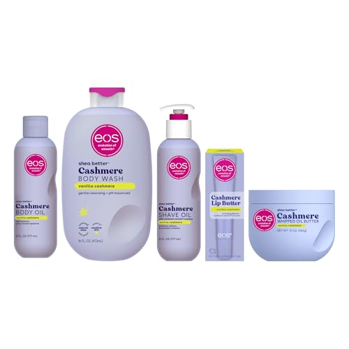 eos Vanilla Cashmere Bundle- Body Oil, Body Wash, Shave Oil, Whipped Body Butter, Lip Butter
