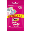 BIC Twin Lady Sensitive Razors, Disposable Razors with Two Blades for a Smooth and Precise Shave, Pack of 15