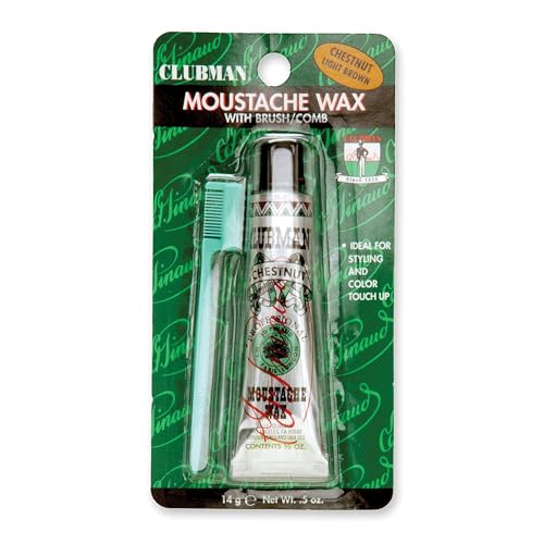 Clubman Mustache Wax for Men ? Chestnut Light Brown, Strong Hold Moustache Wax with Styling Brush, Hang Pack, 0.5 oz