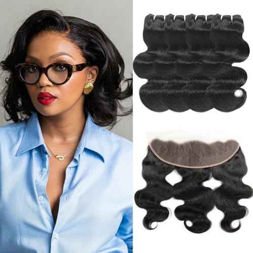 Body Wave Human Hair Bundles with Frontal (10 10 12 12+10Frontal) 12A 4 Bundles Human Hair with Closure 13x4 HD Lace Frontal 100% Unprocessed Brazilian Virgin Hair