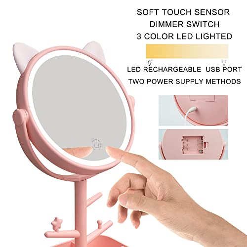 Nonebranded Vanity Mirror with Lights & Desk Mirror Lights Touch-Screen Light Control Portable High Definition Cosmetic Lighted Up Mirror with USB Port in 360 Degree Rotation(Pink)