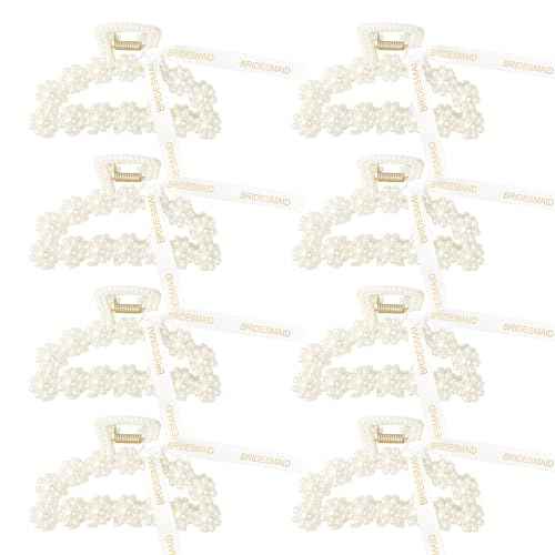 DEEKA Bridesmaid Proposal Gifts 8 Pack Pearl Bridesmaid Hair Claw Clips with Ribbon 3.7 Inch Large Hair Clips Bachelorette Party Favors Bridal Party Present Hair Accessories (Half Circle L)