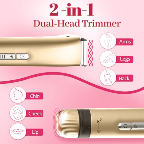 Bikini Trimmer for Women£¬2 in 1 Electric Shaver Dual Head Bikini Trimmer for Women IPX7 Waterproof Body Hair Trimmer and Facial Hair Remover for Bikini Leg Arm Body Face, Rose Gold 003
